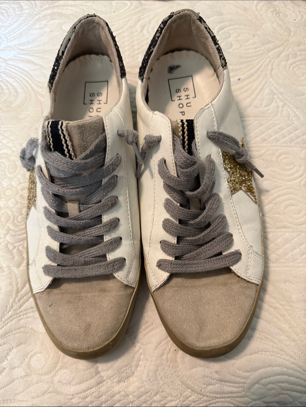 ShuShop White Sneakers with Gray Suede & Gold Star Accent